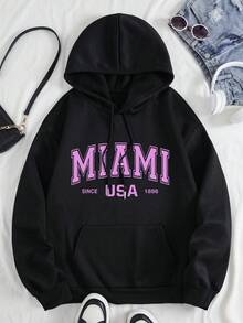 SHEIN EZwear 加大码字母图案袋鼠口袋抽绳保暖卫衣 - 黑色 - 查看 6