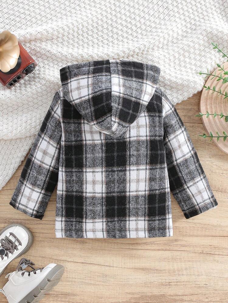 Baby Boy Plaid Print Hooded Duffle Tweed Overcoat