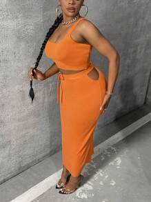 Slaydiva Plus Solid Crop Knit Top & Belted Knit Skirt - Orange - View 4