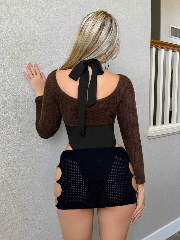 Colorblock Cut Out Front Bolero Bodysuit