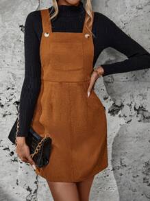 SHEIN Frenchy Solid Pocket Front Overall Dress Without Sweater - Khaki - View 6