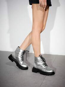 SheIn ICON 時尚粗跟靴子 - 銀色 - 查看 7