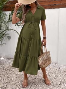 SHEIN 孕婦前紐扣荷葉邊繫腰帶洋裝 - 軍綠色 - 查看 1