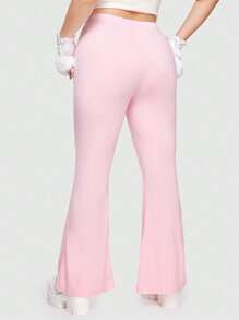 ROMWE Kawaii Plus Solid Knot Flare Leg Pants - Pink - View 3