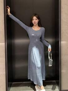 DAZY 素色接縫細節A字洋裝 - 藍色 - 查看 1