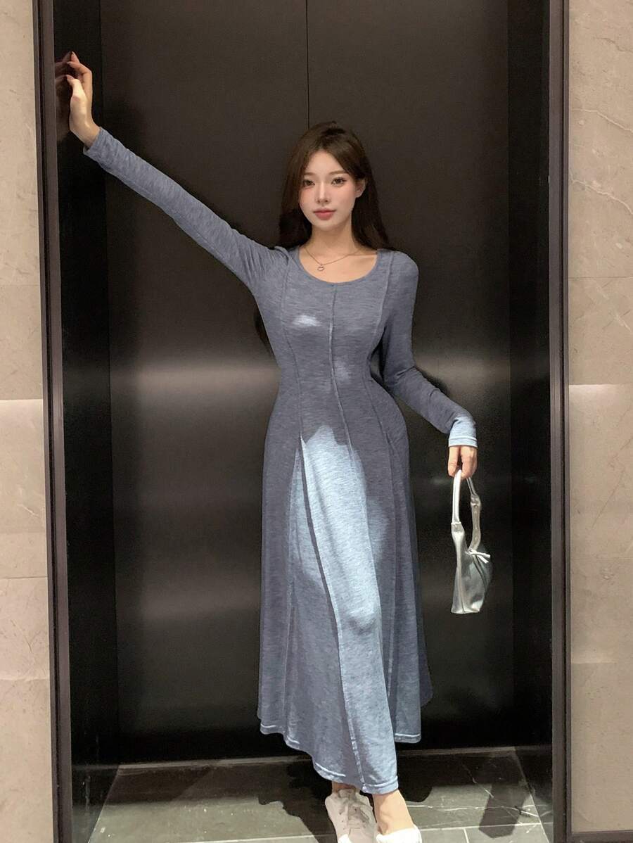 DAZY 素色接縫細節A字洋裝 - 藍色 - 查看 1