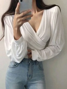 DAZY 素色交叉圍裹短款運動衫 - 白色 - 查看 1