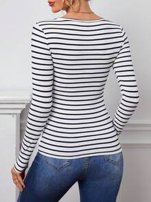SHEIN Essnce Striped Print Half Button Tee - Blue and White - View 2