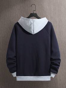 男士字母圖案插肩袖抽繩加絨內裏連帽衫 - 藏蓝色 - 查看 2