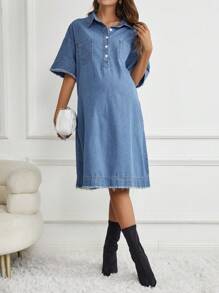 SHEIN Maternity Half Button Dual Pocket Raw Hem Denim Dress - Medium Wash - View 1