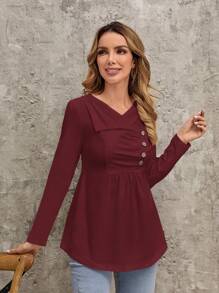 EMERY ROSE 不對稱領紐扣細節T恤 - 酒紅色 - 查看 7