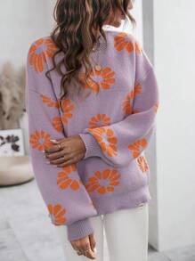 SHEIN LUNE Floral Pattern Drop Shoulder Sweater Knit Pullover Fall Winter Outfit