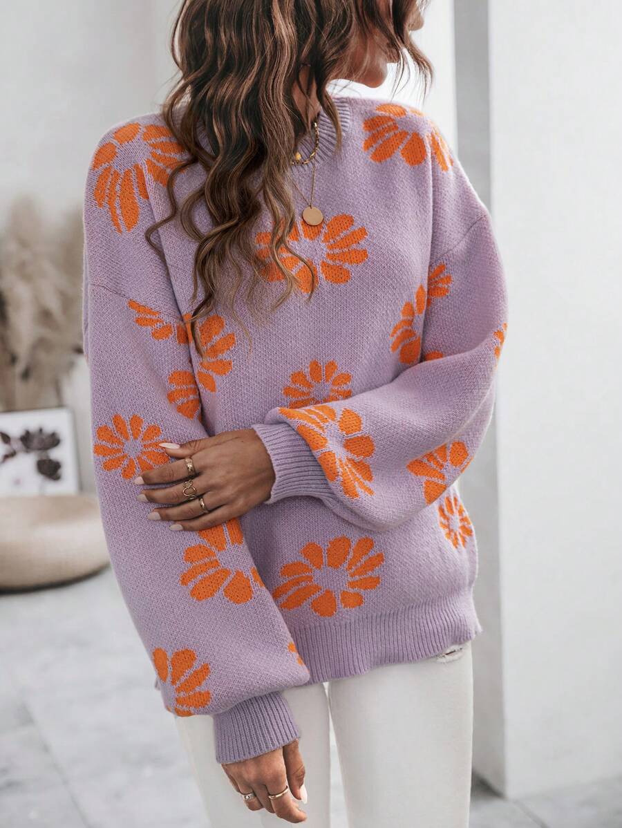 SHEIN LUNE Floral Pattern Drop Shoulder Sweater Knit Pullover Fall Winter Outfit