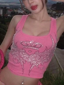 Rhinestone Detail Crop Tank Top - Pink - View 3