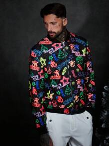 Manfinity VCAY Loose Fit Men's Reflective Letter & Christmas Print Zip Up Bomber Jacket - Black - View 1