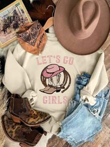 SHEIN Essnce Giày Boots Cowboy & Đồ họa Chữ cái Lót nhiệt Áo nỉ - Màu be - Xem 1