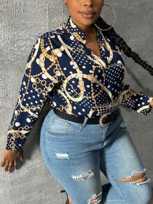 Slaydiva Plus Size Women's Long Sleeve Metal Chain Pattern V-Neck Regular Blouse, Suitable For Daily, Elegant Commute, Mother's Day, Blue - Blue - View 1