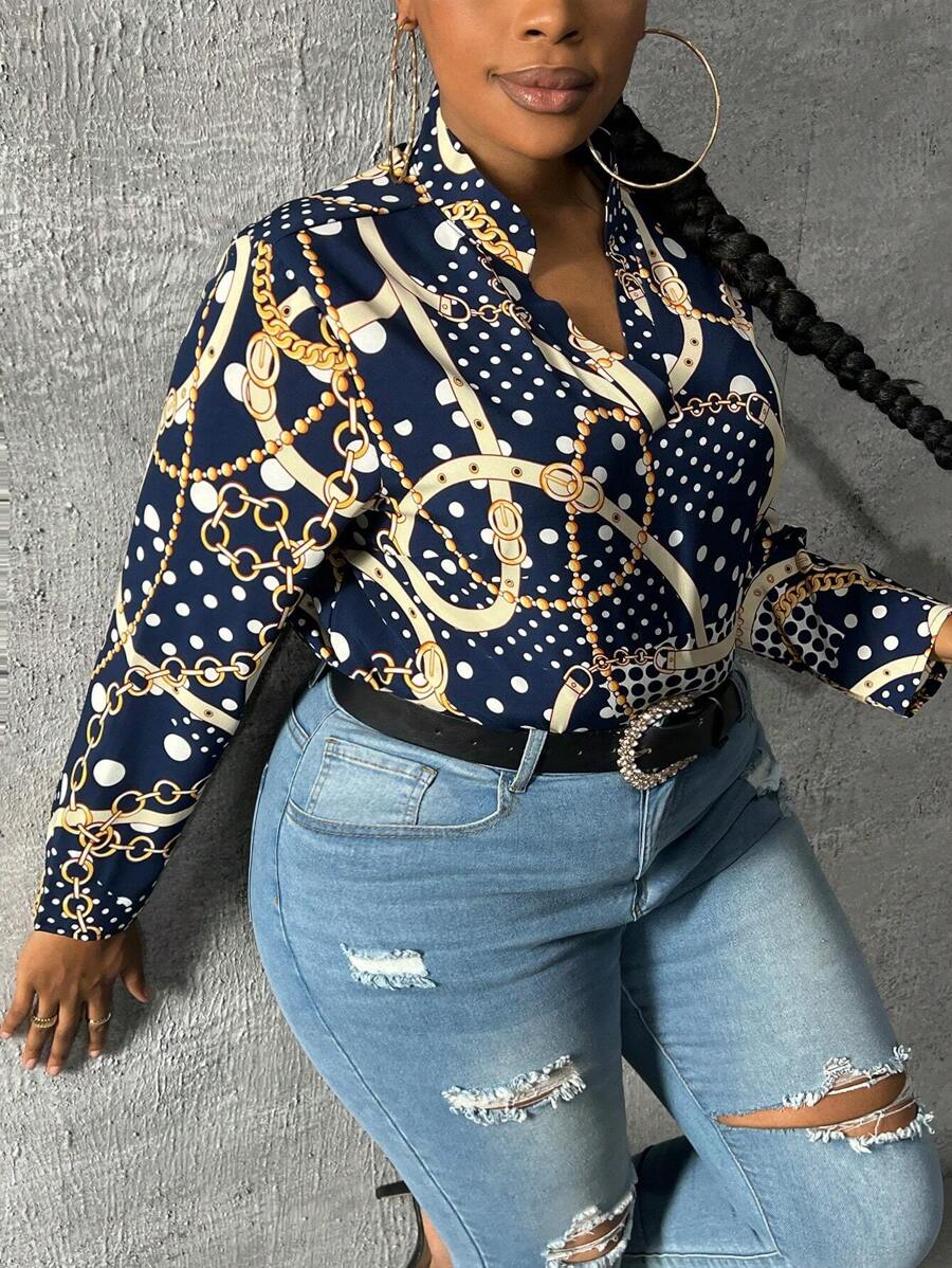 Slaydiva Plus Size Women's Long Sleeve Metal Chain Pattern V-Neck Regular Blouse, Suitable For Daily, Elegant Commute, Mother's Day, Blue - Blue - View 1