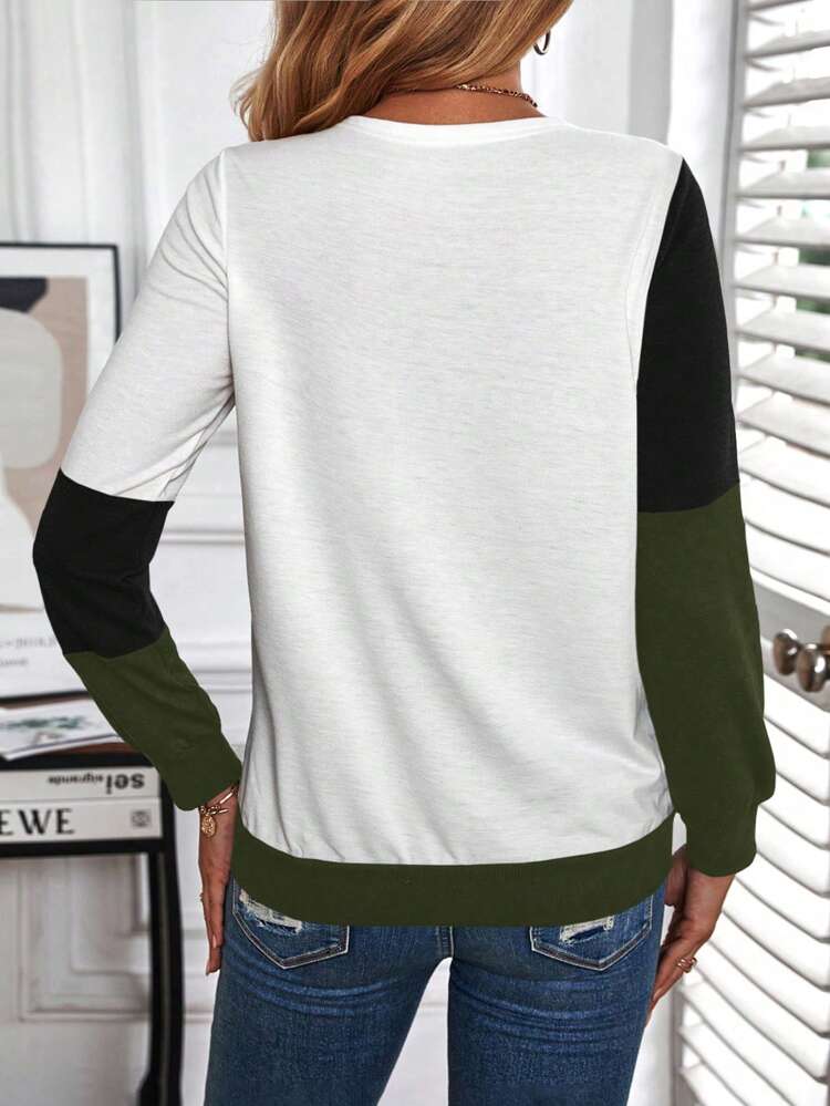 Color Block Button Detail Sweatshirt Pullover Fall Sweatshirt