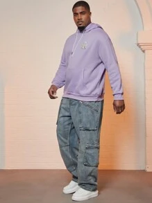 Manfinity Hypemode Nam Plus Nấm & Đồ họa Khẩu hiệu Dây rút Hoodie - Màu tím hoa cà - Xem 3