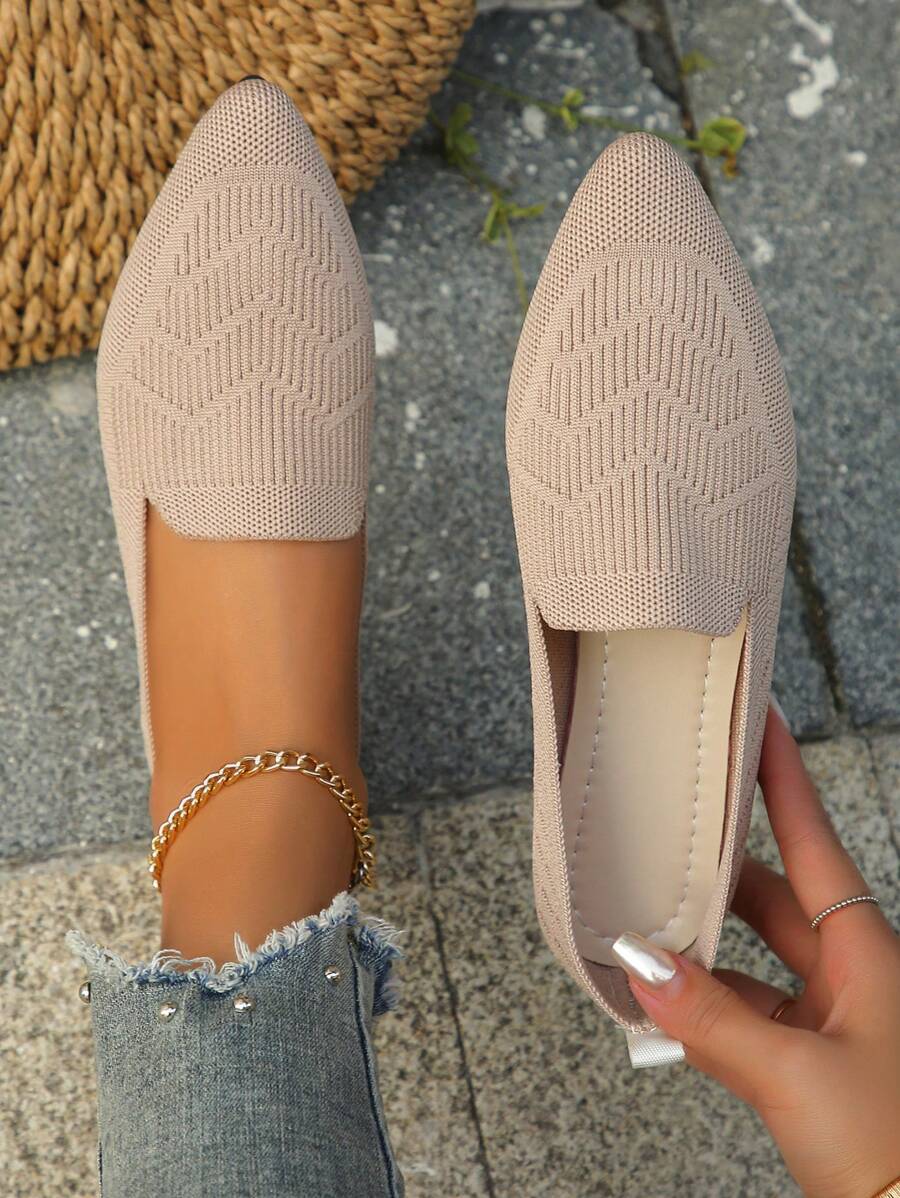 時尚尖頭針織平底鞋在杏,適合春天和秋天 - 杏色 - 查看 1