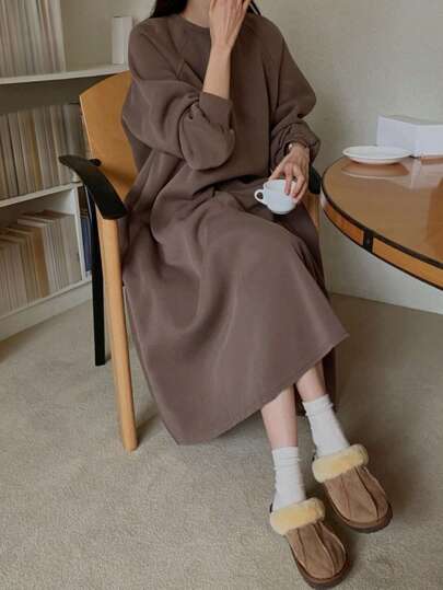 DAZY 女士纯色日常穿搭插肩袖连衣裙，秋季长袖连衣裙，带保暖内衬