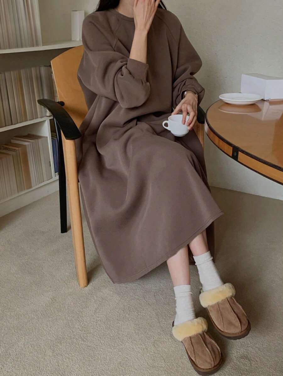 DAZY 女士纯色日常穿搭插肩袖连衣裙，秋季长袖连衣裙，带保暖内衬 - 棕色 - 查看 1