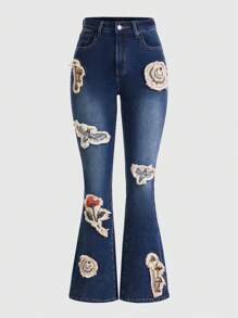 ROMWE Fairycore Chi tiết được vá Quần ống loe - Màu xanh ngọc - Xem 1