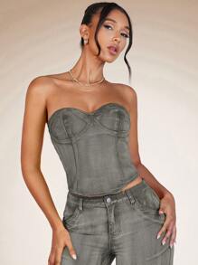 SHEIN BAE Solid Bustier Tube Denim Top - Army Green - View 6