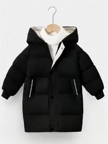 SHEIN Tween Boy 1pc Slant Pockets Hooded Padded Coat - Black - View 1