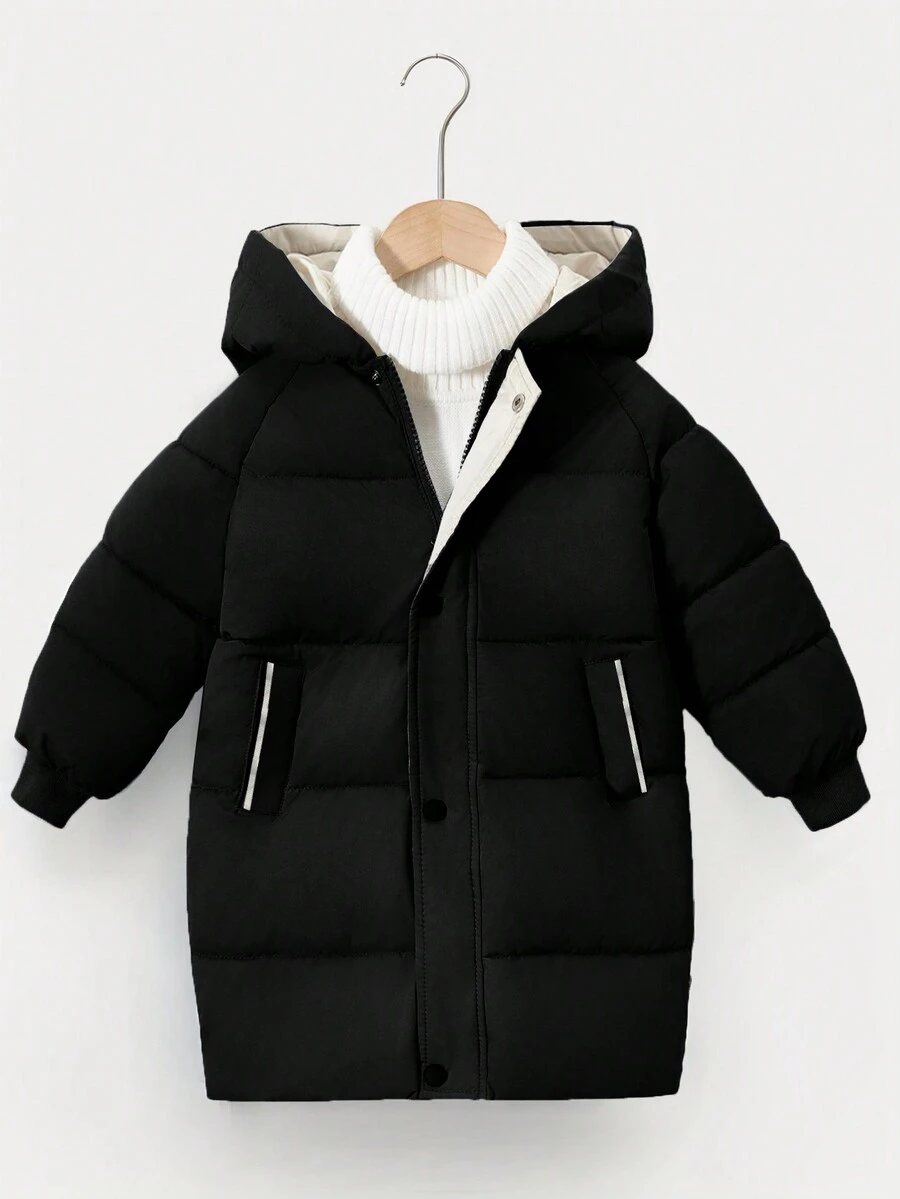 SHEIN Tween Boy 1pc Slant Pockets Hooded Padded Coat - Black - View 1