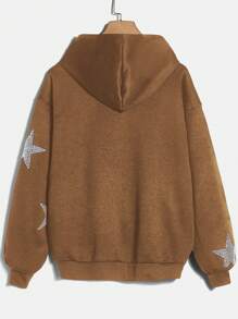 SHEIN EZwear Capucha con diamante de imitación con patrón de estrella de hombros caídos cremallera - Marrón - Ver 3