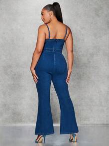 SHEIN BAE 大碼喇叭牛仔吊帶連體褲 - 藍色 - 查看 2