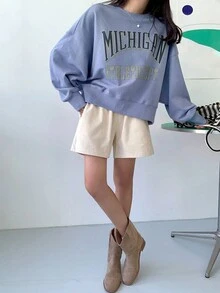 DAZY Đồ họa Chữ cái Thả vai Áo chui đầu Oversized - Màu tím - Xem 8