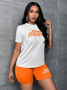 Slaydiva 標語圖案T恤和機車短褲 - 珊瑚橙 - 查看 7