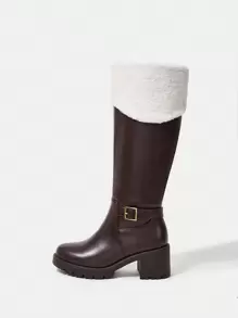 SheIn MOD Women's Fashionable & Comfortable Brown Buckle Decorated Warm Motorcycle Boots - Brown - View 1