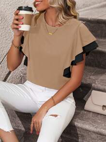 SHEIN LUNE 拼接邊蝴蝶袖襯衫 - 卡其色 - 查看 1