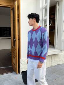 Claim Dot Men 1pc Argyle Pattern Drop Shoulder Sweater - Multicolor - View 3