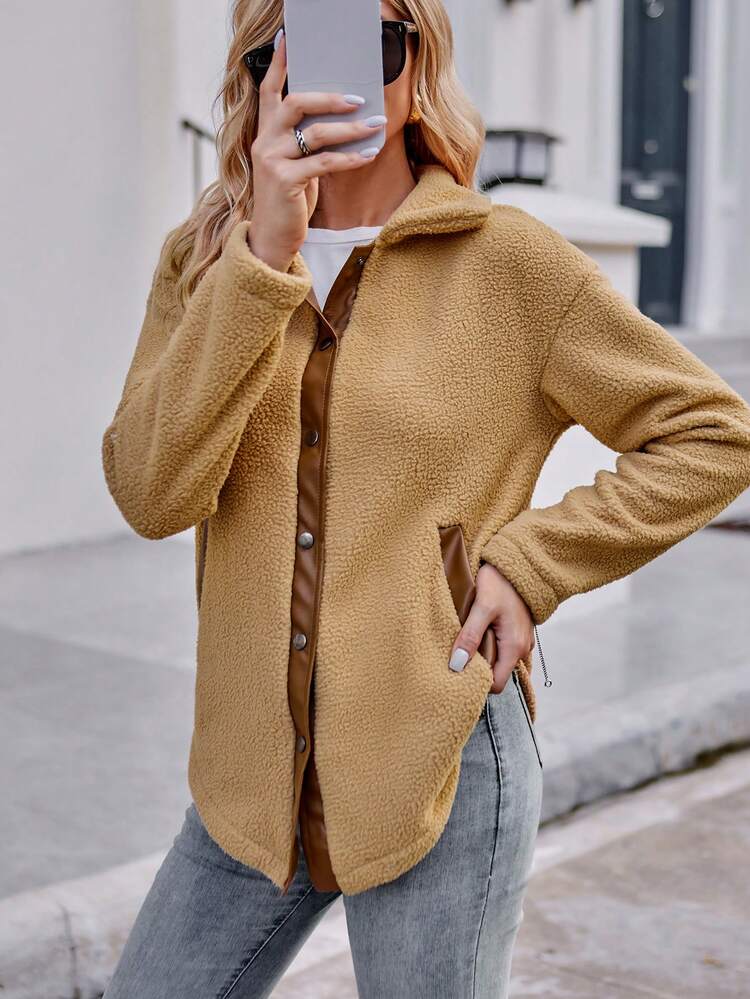 Contrast Trim Drop Shoulder Teddy Coat
