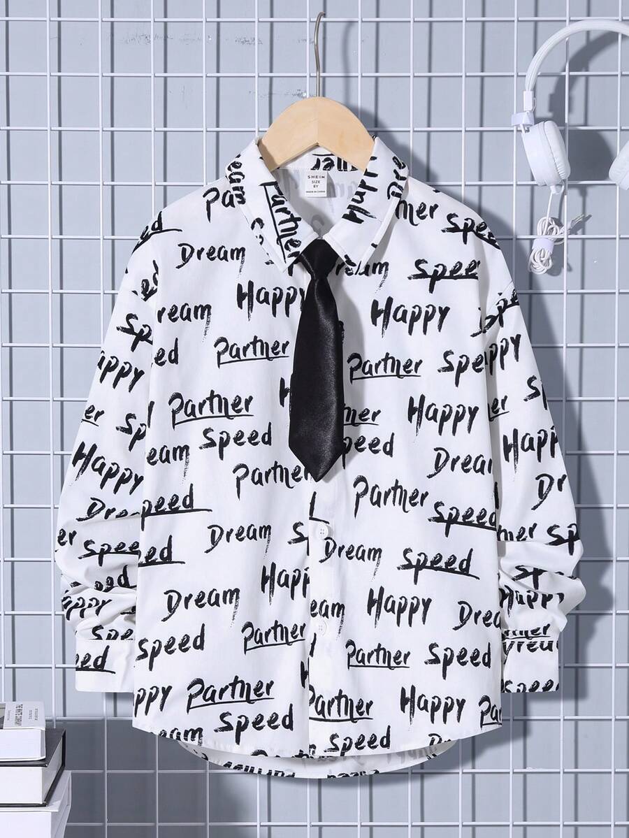 SHEIN Tween Boy Allover Letter Graphic Shirt With Tie - White - View 1