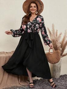 SHEIN VCAY 大碼印花燈籠袖繫腰帶洋裝 - 彩色 - 查看 1