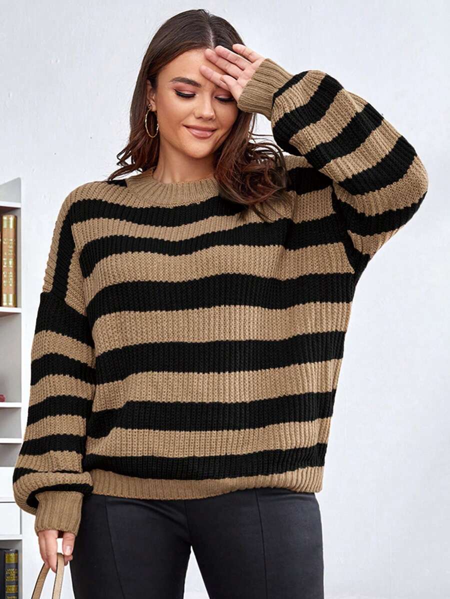 Calvaya Talla grande Jersey con patrón de rayas de hombros caídos - Caqui - Ver 1