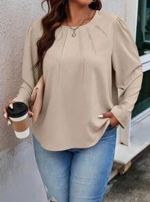 Celure Hơn Chất rắn Chi tiết nếp Áo sơ mi - Màu be - Xem 5