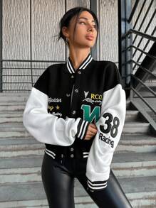 EURMUSE Letter Embroidery Striped Trim Drop Shoulder Winter Coat - Black and White - View 4