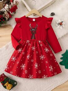 SHEIN Young Girl Christmas Print Ruffle Trim Dress - Red - View 1