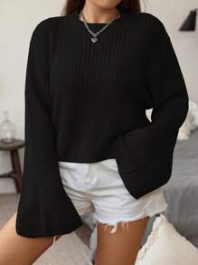 Flirla Plus Ribbed Knit Drop Shoulder Sweater, For Winter Knit Pullover Fall Sweater - Black - View 7