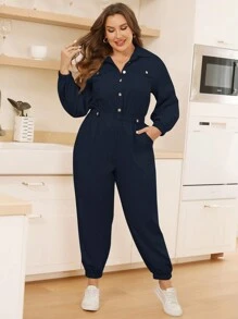 SHEIN Essnce Plus Flap Detail Elastic Waist Shirt Jumpsuit - Navy Blue - View 3