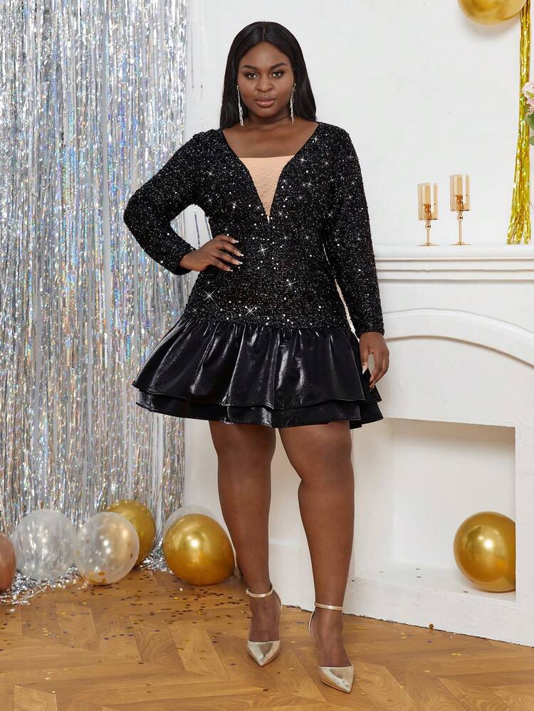 Plus Contrast Mesh Ruffle Hem Sequin Dress
