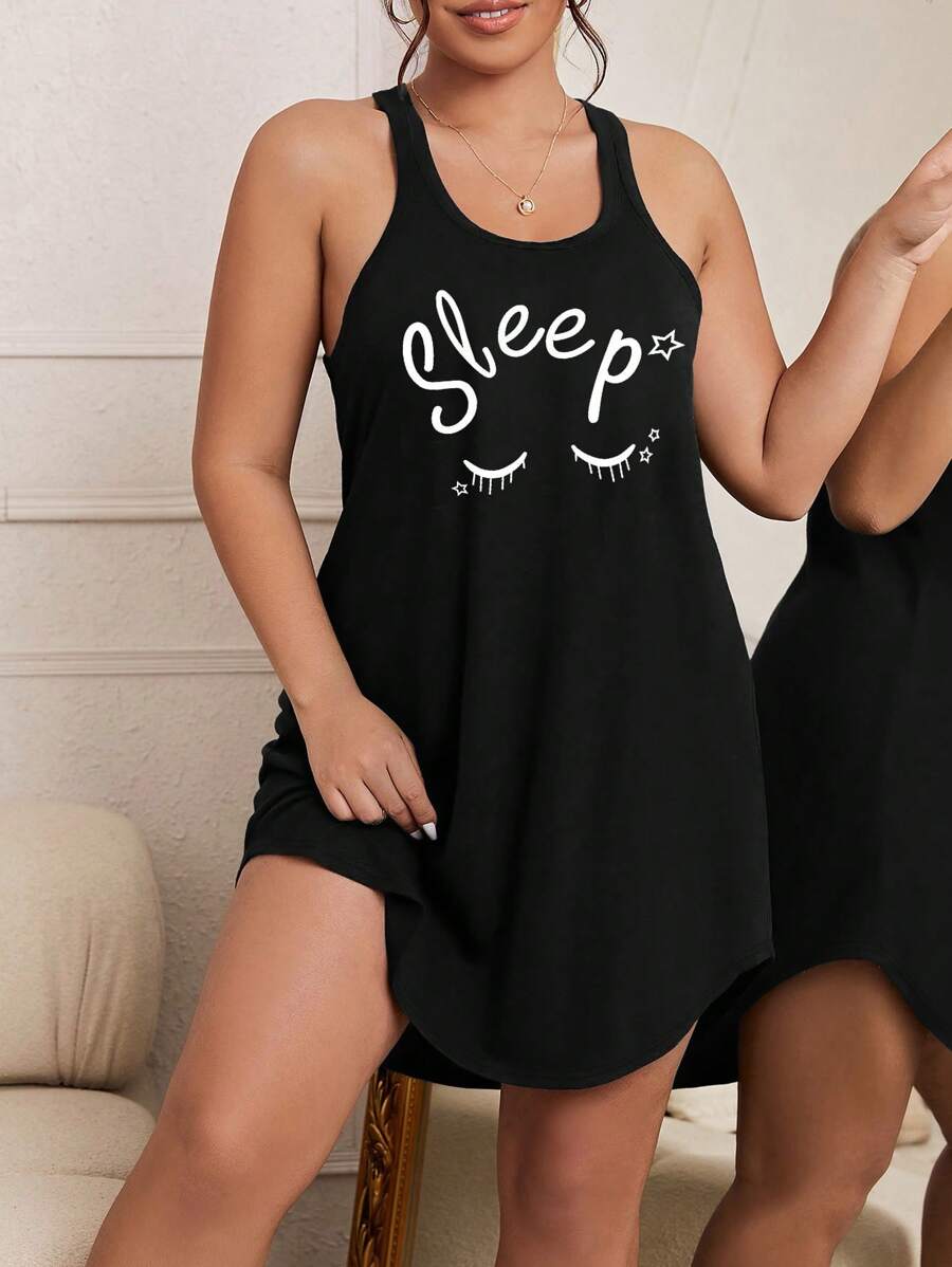 SHEIN Plus Letter Graphic Racerback Pajama Nightdress - Black - View 1