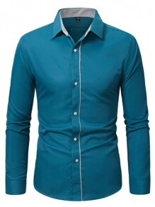 Manfinity Mode 男士拼接邊前排扣襯衫 - 墨綠色 - 查看 4